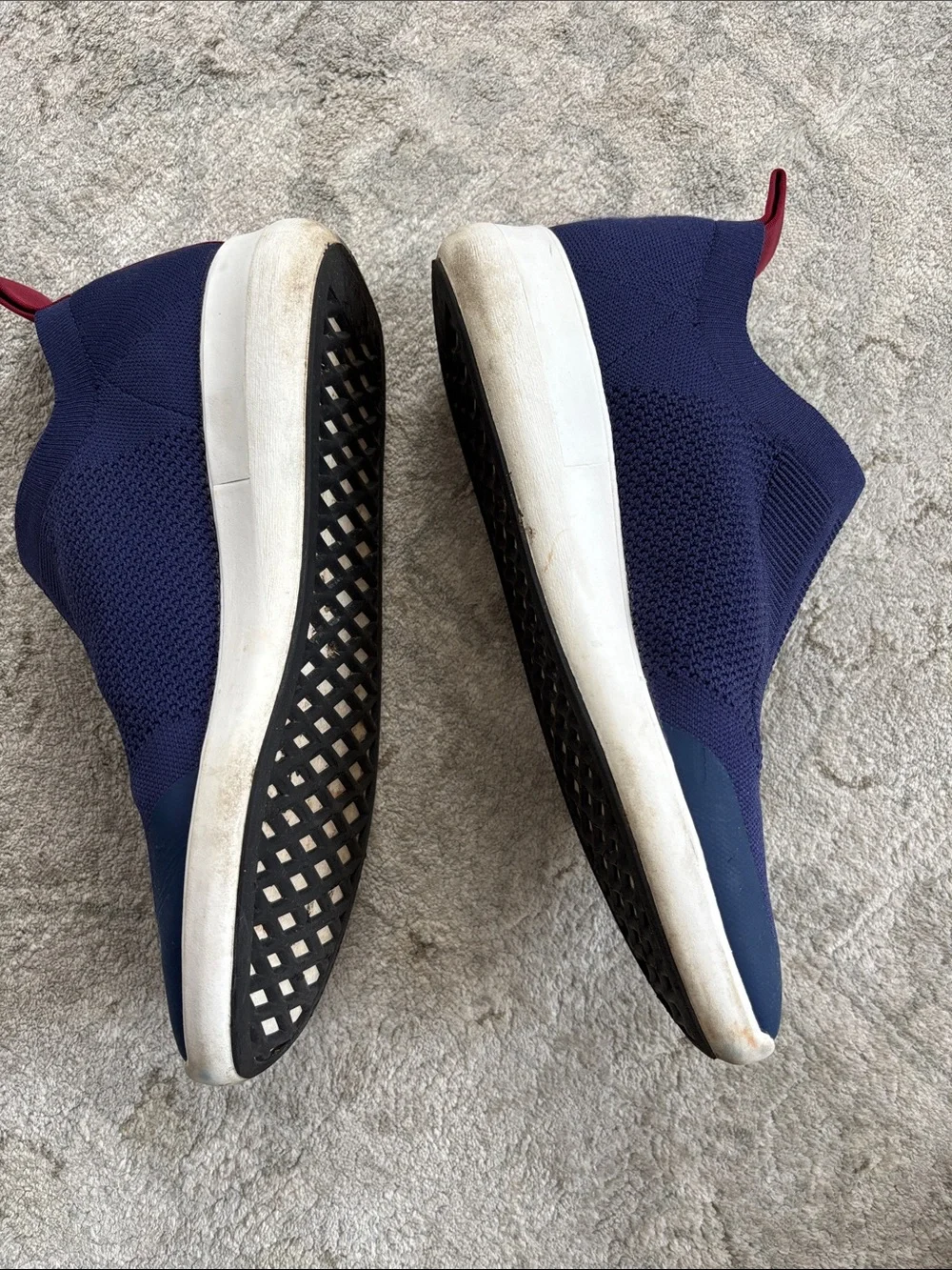 Via Spiga Slip-On Knit Sneakers in Navy with Maroon Pull Tab